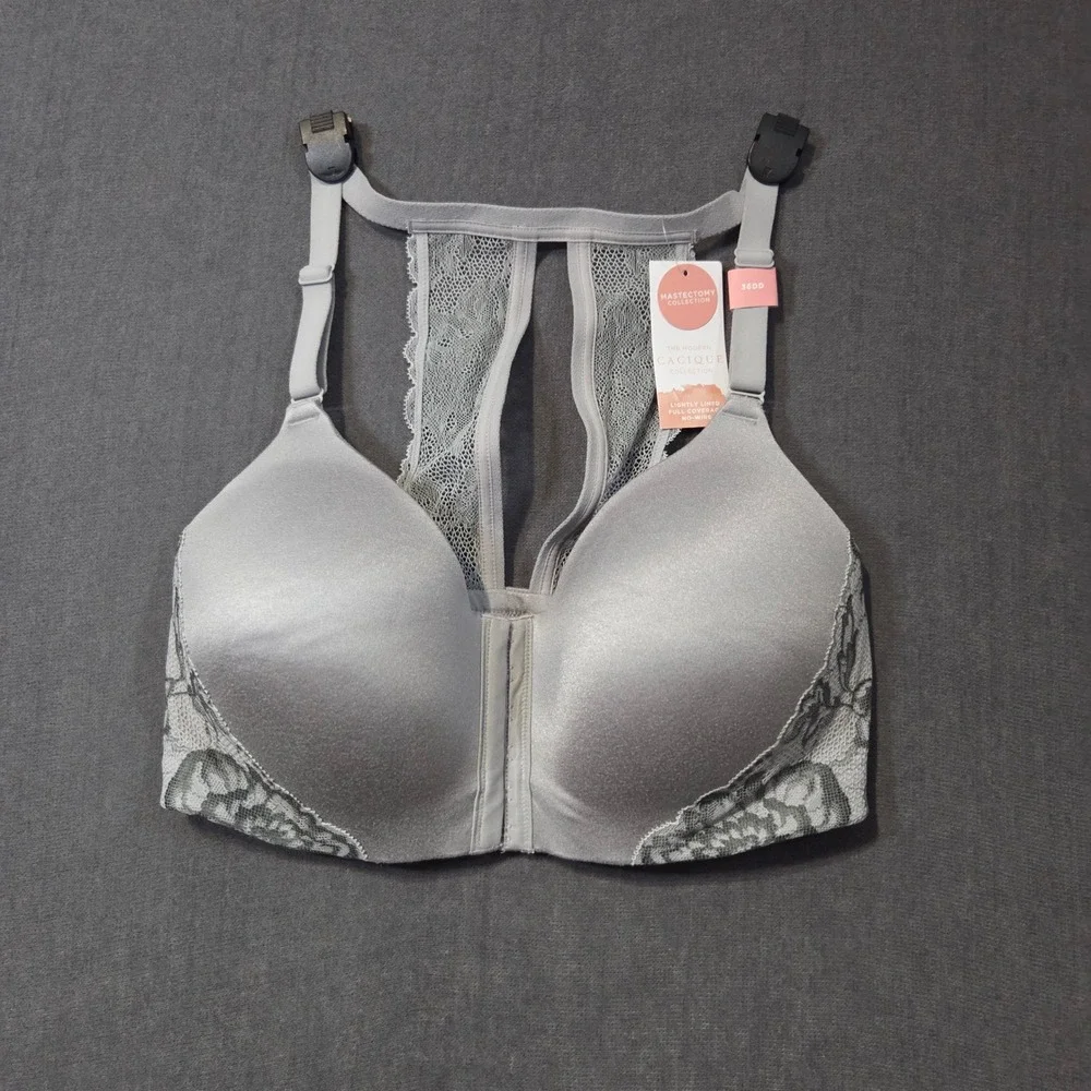 Cacique Bra Womens 36DD Gray Lace Racerback Front Close No-Wire NEW